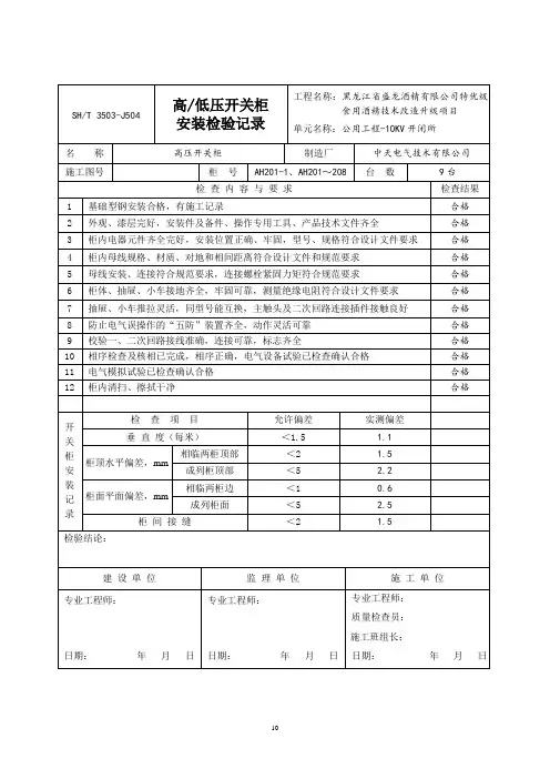 高压开关柜安装检验记录-10KV开闭所