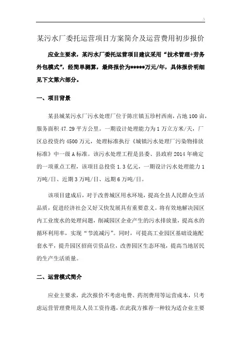 某污水厂委托运营方案计划及其运营费用初步报价