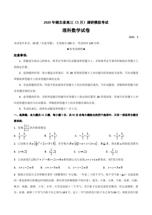 湖北省2020年高三(5月)调研模拟考试数学(理科)试卷(含答案)