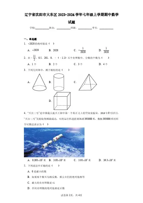 辽宁省沈阳市大东区2023-2024学年七年级上学期期中数学试题(含答案解析)