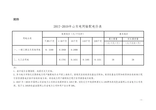 2017-2019年山东电网输配电价表
