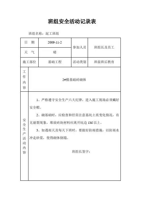 班组安全活动记录表(泥工)-1