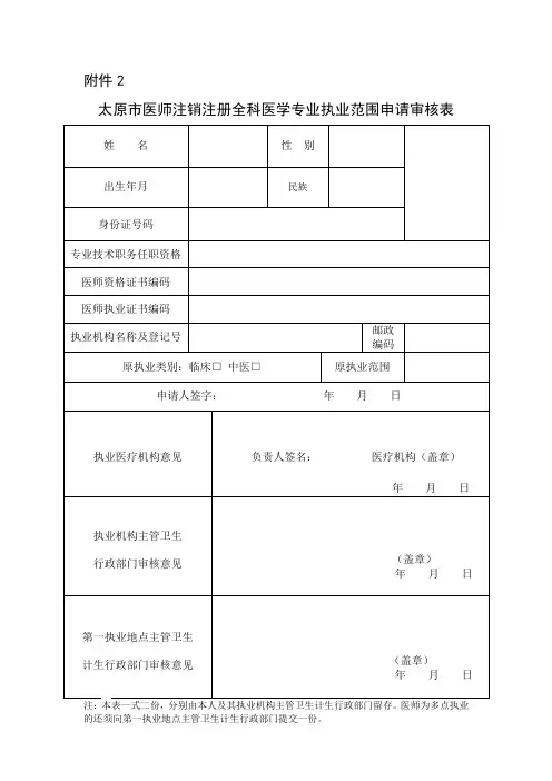 并卫发〔2016〕37号+附件2+太原市医师注销注册全科医学专业执业范围申请审核表