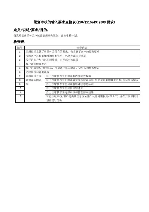 策划审核的输入要求点检表(TS16949要求)