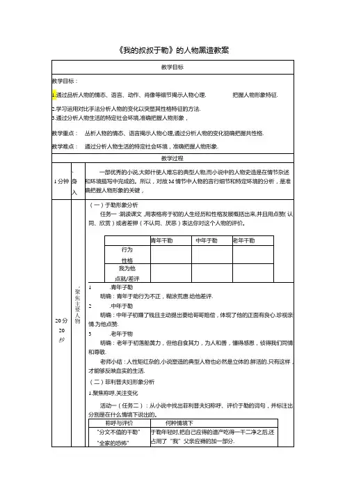 《我的叔叔于勒》的人物塑造教案