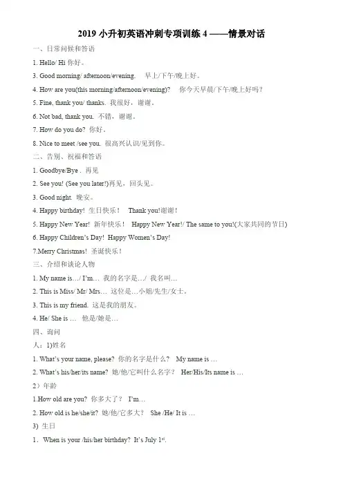 六年级下册英语试题-2019年小升初专项训练4 情景对话 通用版(含答案)