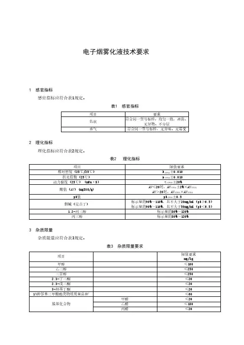 电子烟雾化液技术要求