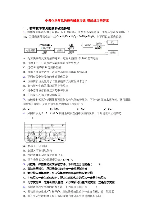 中考化学常见的酸和碱复习课 课时练习附答案