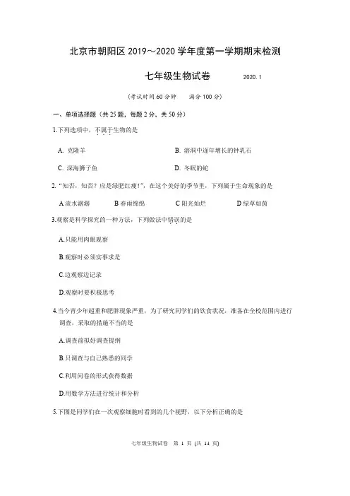七年级生物北京市朝阳区2019～2020学年度第一学期期末检测 (含答案)