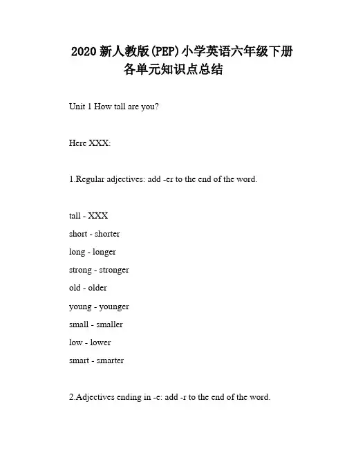 2020新人教版(PEP)小学英语六年级下册各单元知识点总结