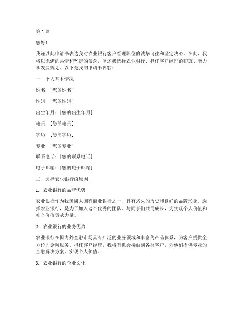 农行客户经理申请书模板(3篇)