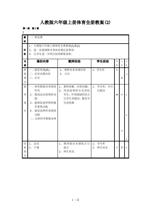 人教版六年级上册体育全册教案(2)