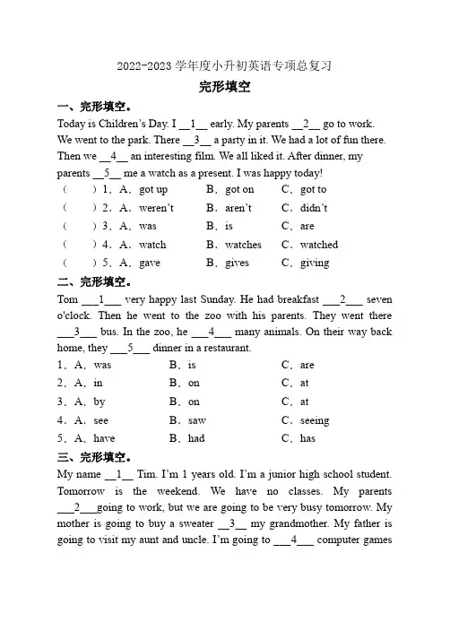 2022-2023学年度小升初英语总复习-完形填空(牛津沪教版)