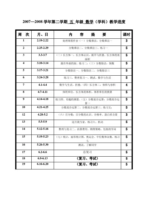 北师大版五年级数学下册教学进度表