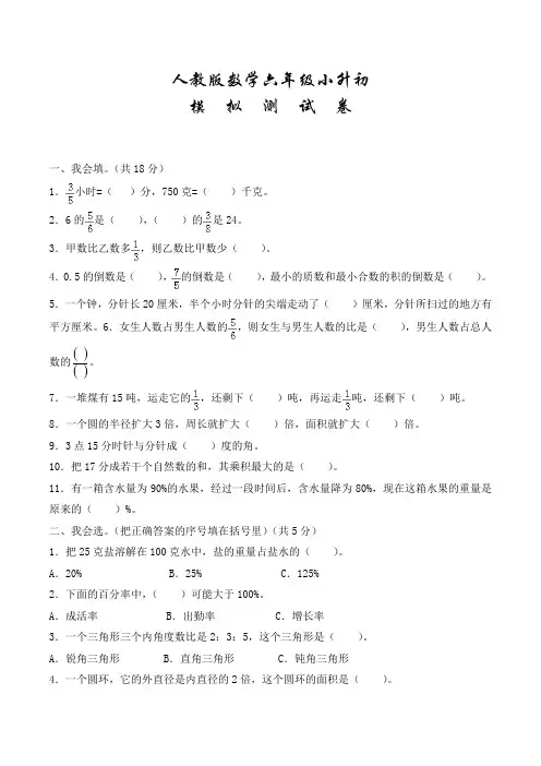 人教版六年级下学期小升初数学冲刺模拟卷附答案解析