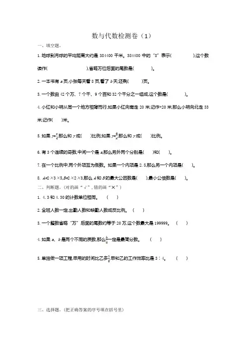 人教版六年级数学下册第六单元数与代数检测卷1