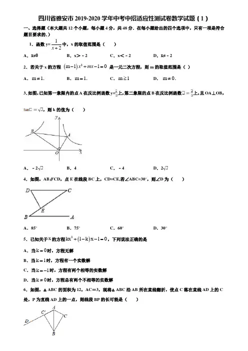 四川省雅安市2019-2020学年中考中招适应性测试卷数学试题(1)含解析