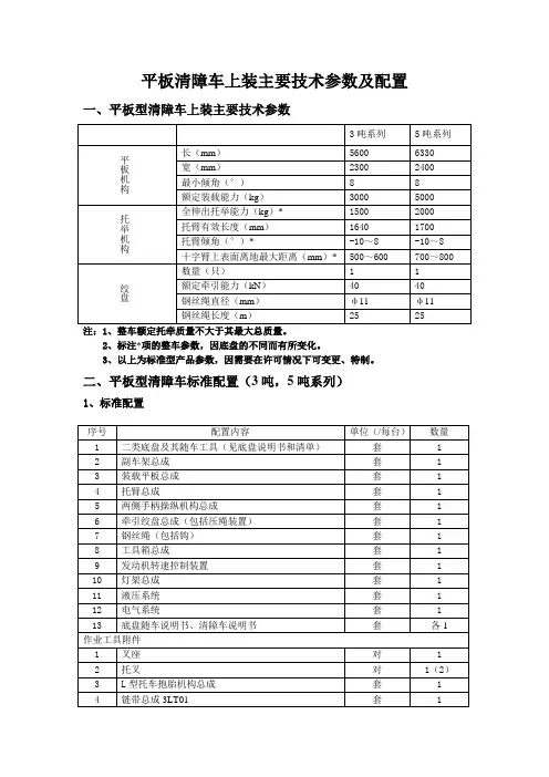 平板清障车上装主要技术参数及配置