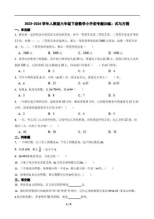 2023-2024学年人教版六年级下册数学小升初专题训练：式与方程(含答案)