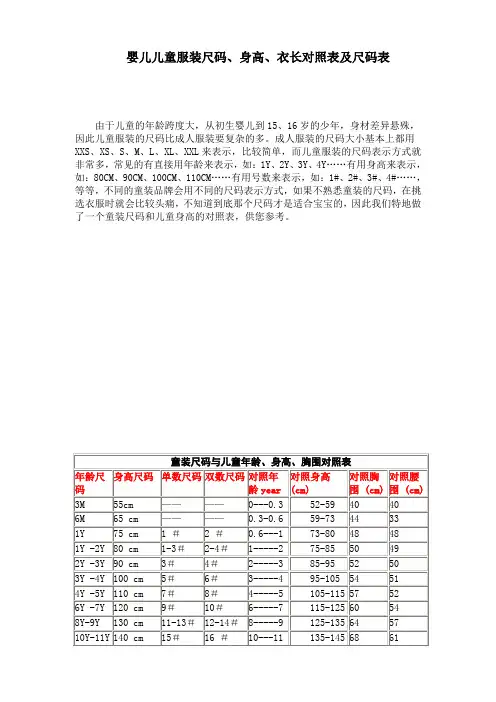 婴儿儿童服装尺码、身高、衣长对照表及尺码表