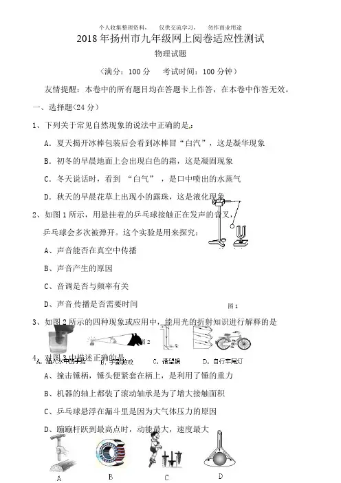 江苏省扬州市2018届九年级网上阅卷适应性测试物理试题