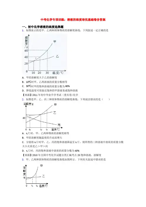 中考化学专项训练：溶液的浓度培优基础卷含答案