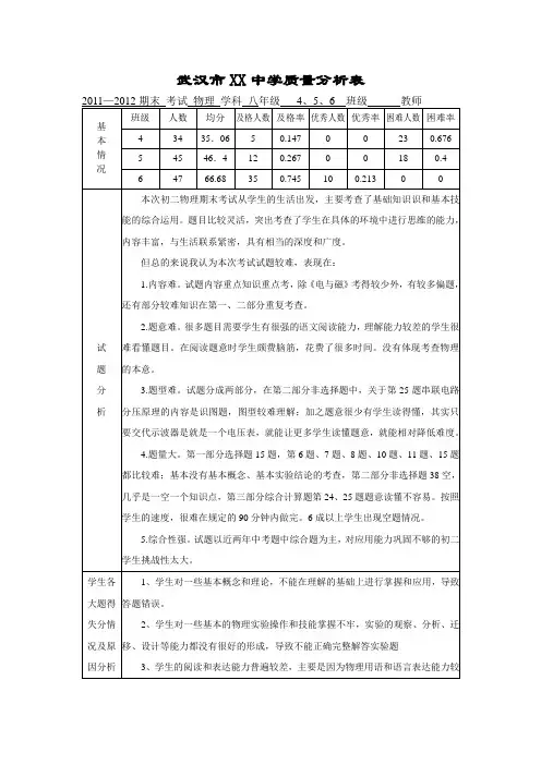 八下物理期末质量分析