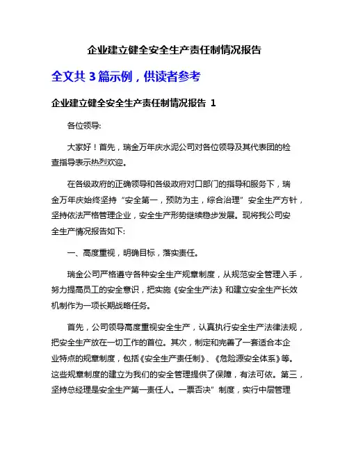 企业建立健全安全生产责任制情况报告