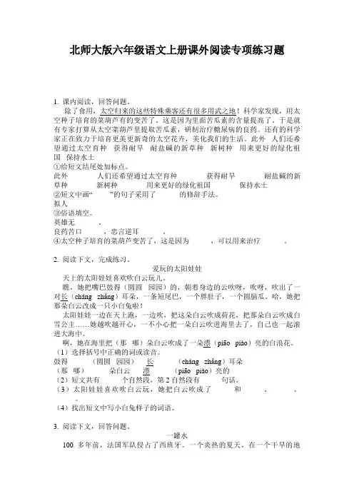 北师大版六年级语文上册课外阅读专项练习题