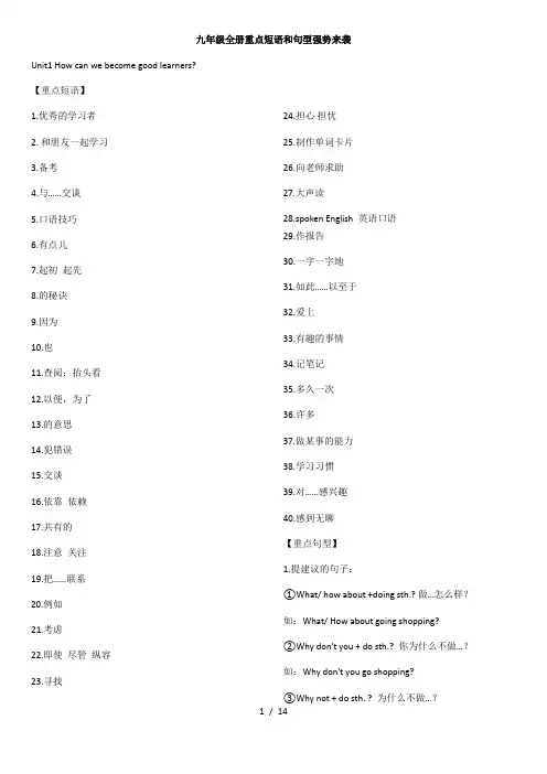 九年级全一册重点短语和句型(汉语版)