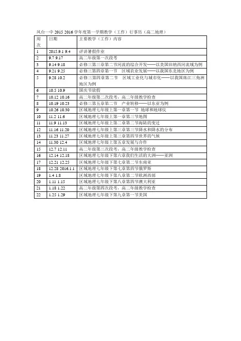 凤台一中2015-2016学年行事历(高二地理)