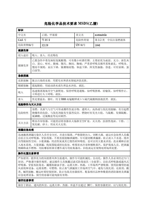 危险化学品技术要求MSDS(乙腈)