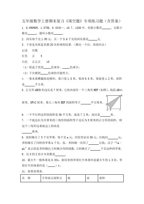 五年级数学上册期末复习《填空题》专项练习题(含答案)