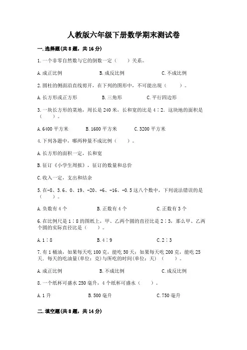 人教版六年级下册数学期末测试卷附完整答案(名校卷)