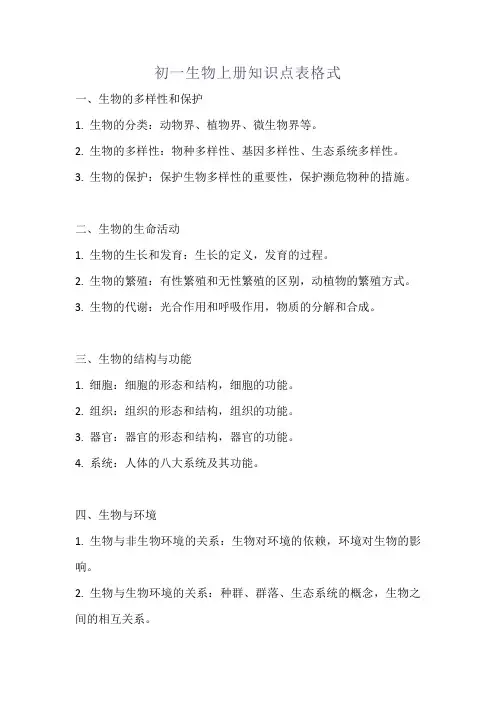 初一生物上册知识点表格式