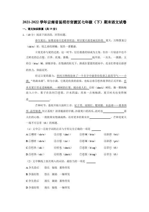 云南省昆明市官渡区2021-2022学年七年级下学期期末语文试卷(含答案)