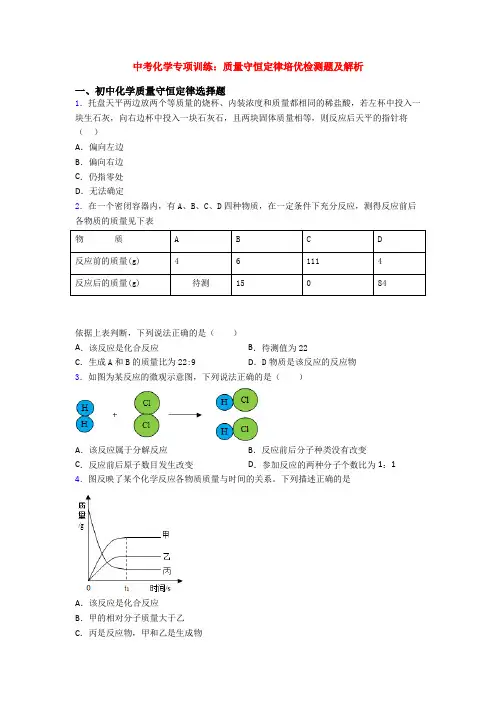 中考化学专项训练：质量守恒定律培优检测题及解析