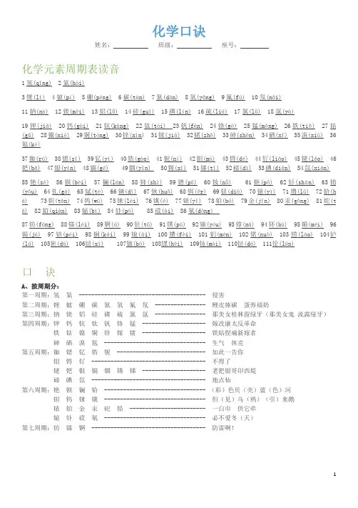 化学元素周期表谐音口诀 全网最全最美观
