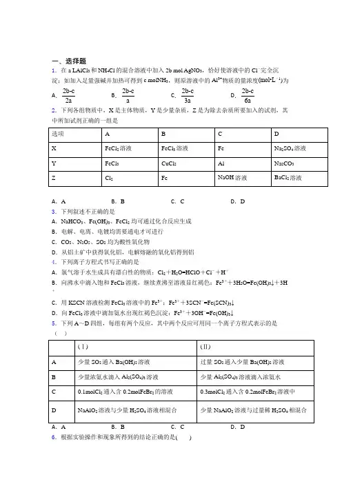 武汉市武钢实验学校高中化学必修一第三章《铁金属材料》经典复习题(培优)