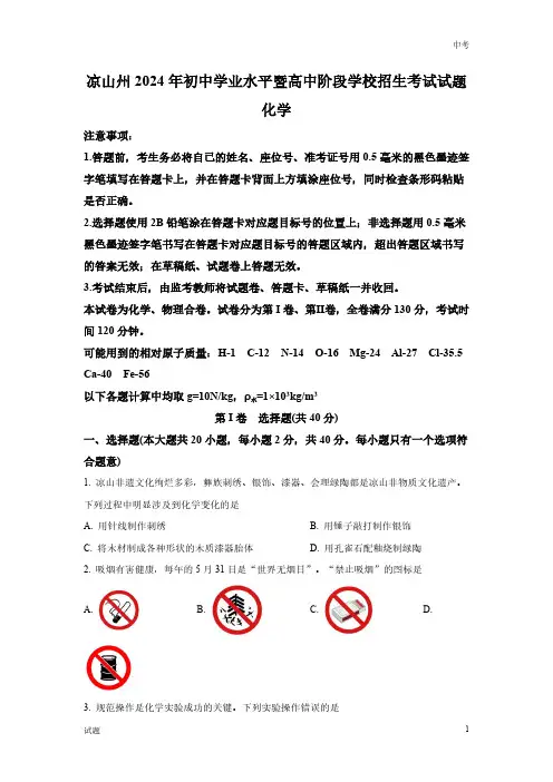 2024年四川省凉山州中考化学真题卷及答案解析