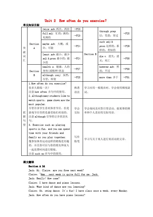 八年级英语上册 Unit 2 How often do you exercise？单元知识归纳