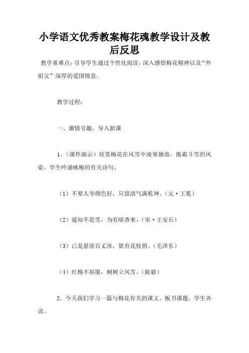 小学语文优秀教案梅花魂教学设计及教后反思