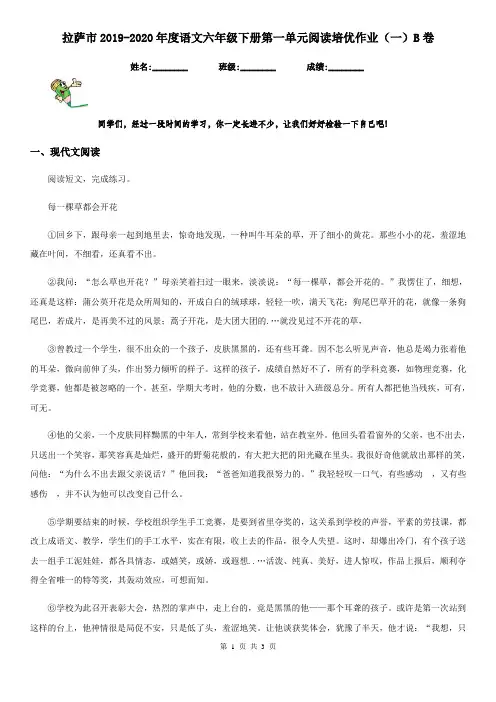 拉萨市2019-2020年度语文六年级下册第一单元阅读培优作业(一)B卷