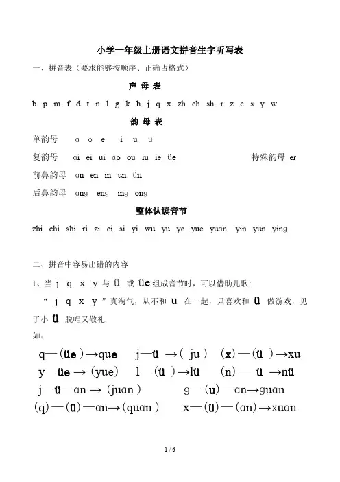 小学一年级上册语文拼音生字听写表