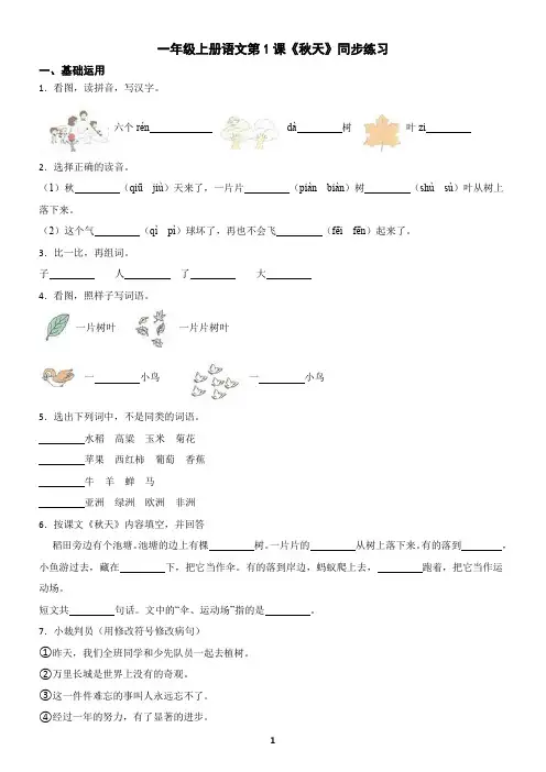 一年级上册语文第1课《秋天》同步练习(含答案)