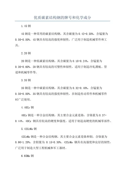 优质碳素结构钢的牌号和化学成分