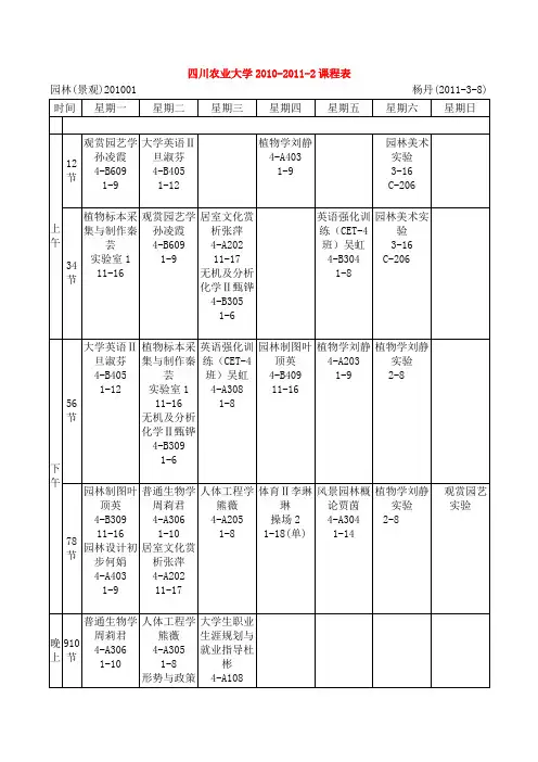 四川农业大学2010-2011-2课程表