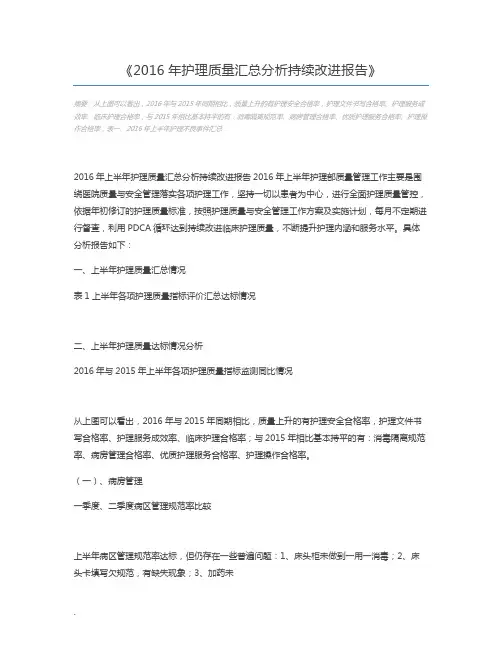 2016年护理质量汇总分析持续改进报告