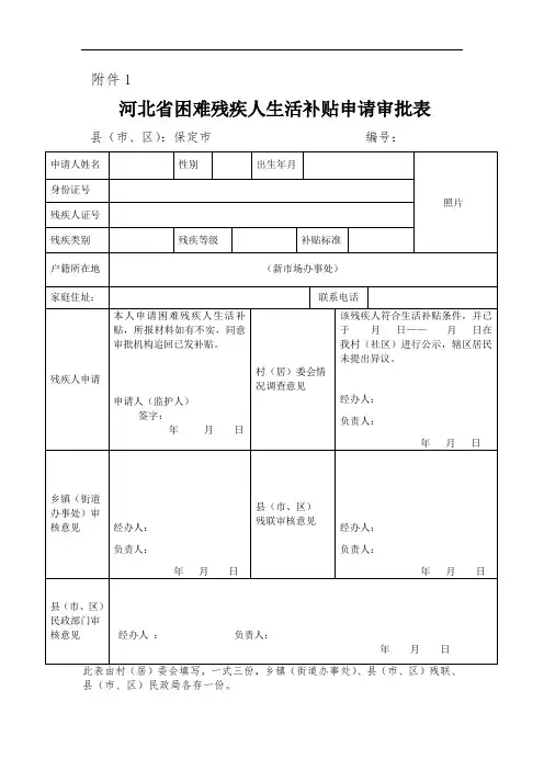 河北省困难残疾人生活补贴申请审批表