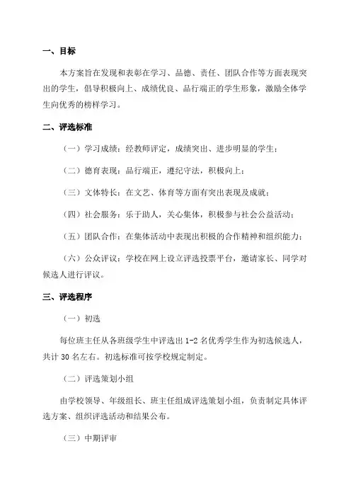 实验小学学校十佳少年评选方案